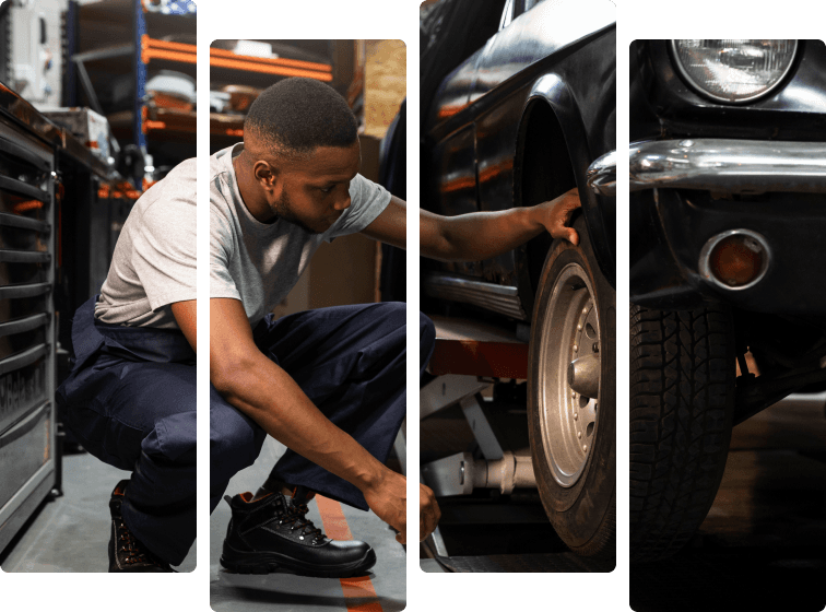 A vertical four-part photo collage showing a mechanic crouching in a workshop, a mechanic touching a raised car's tire, and a close-up of a classic car's front end and headlight