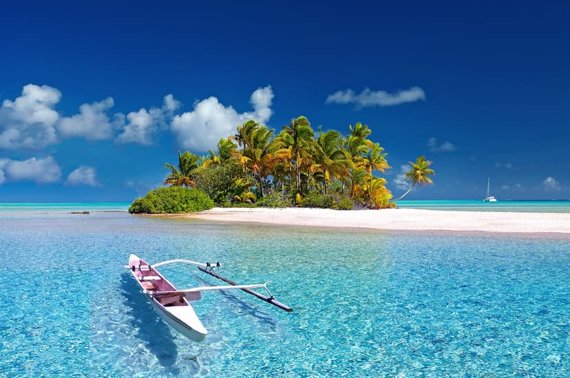 island with coconut trees and a boat on the water