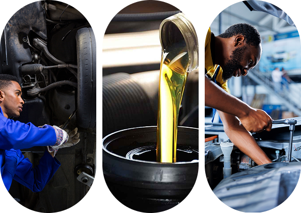 A collage showing tyre maintenance, engine oil, and a mechanic working on an engine