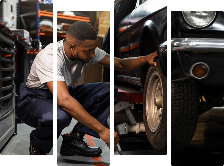 A mechanic inspecting a classic car tyre in an auto workshop